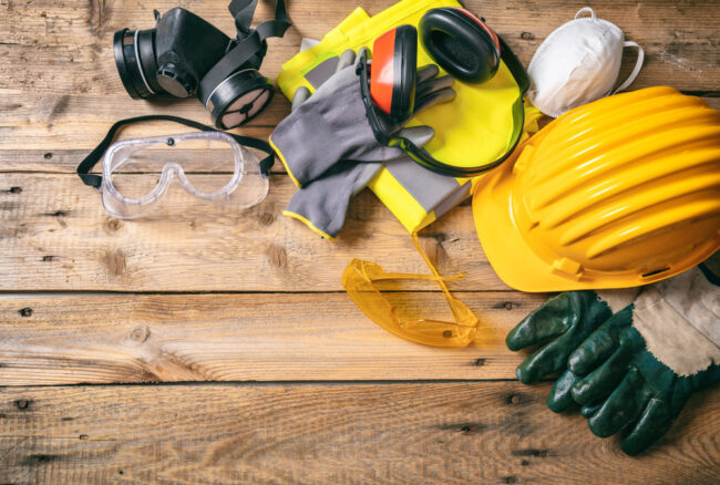 Work,Safety.,Construction,Site,Protective,Equipment,On,Wooden,Background,,Flat